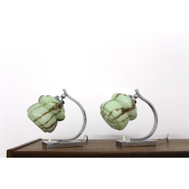 Forest Green Chrome-Plated Brass and Marbled Opal Glass Table Lamps, 1930s, Set of 2 For Sale - Image 8 of 15
