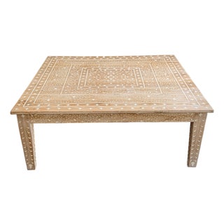 48” Extra Large Modern Organic Made Goods Tamsin Teak Bone Inlay Coffee Table, Hand Carved Inlay For Sale