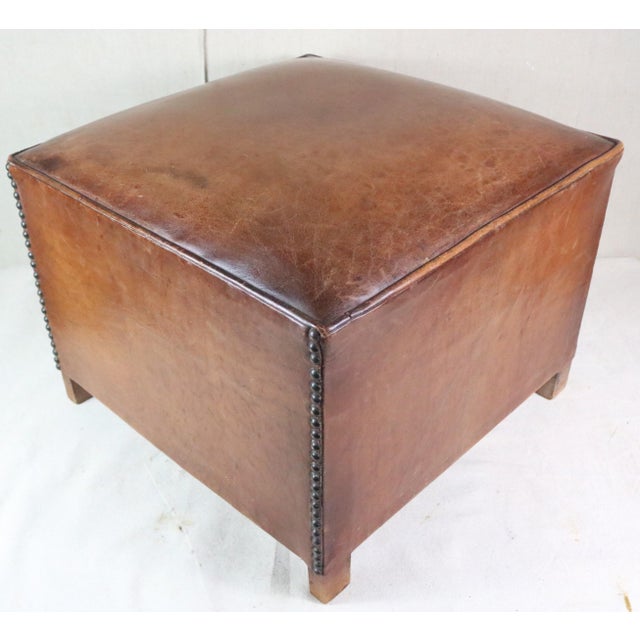 Mid 20th Century French Leather Club Pouf For Sale - Image 6 of 8