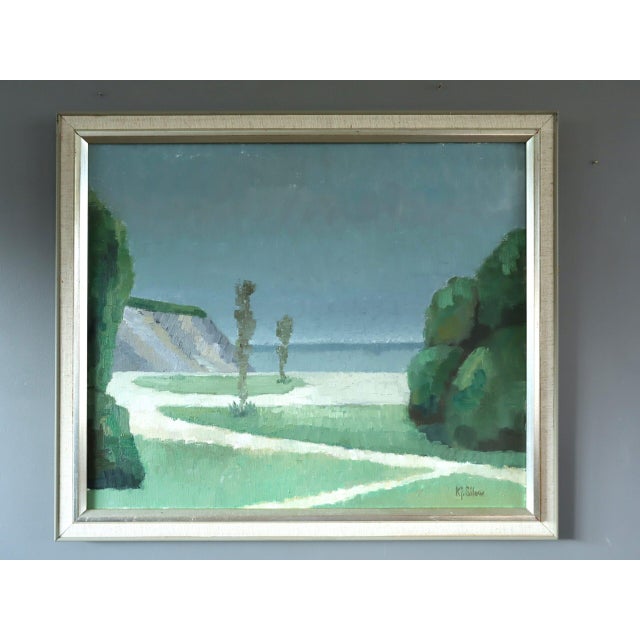 COASTAL QUIETUDE Size: 20.9 x 24.4 inches (including frame) Oil on canvas A serene mid-century landscape that captures a...