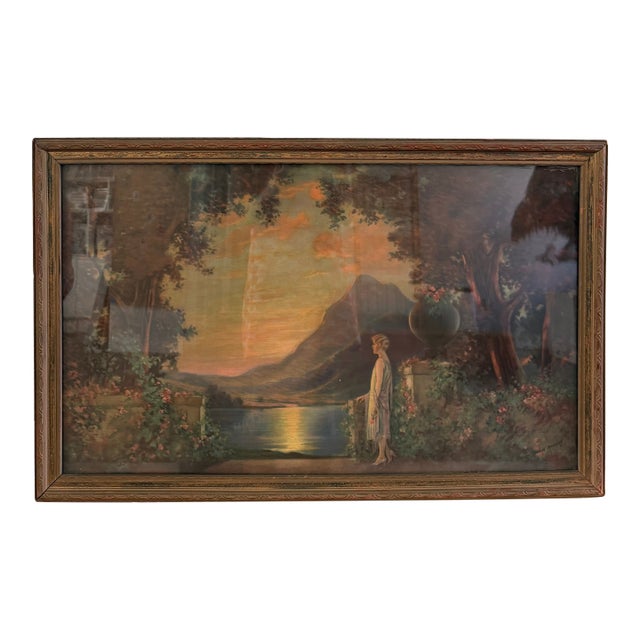 1920s Charles Kendall Manning “Lady at Sunset” Large Framed Art Print For Sale