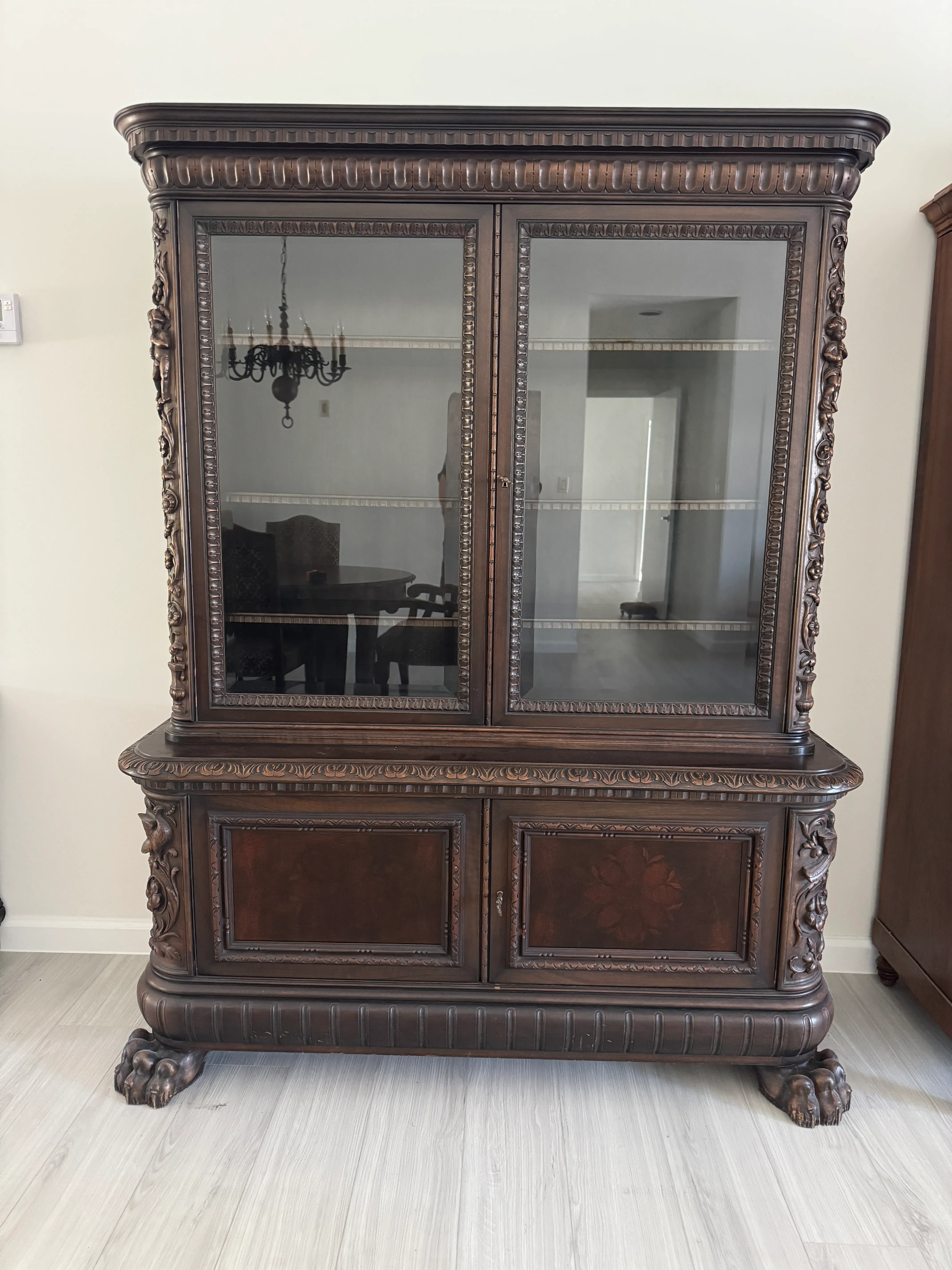 Victorian Carved Walnut Clawfoot Curio China Cabinet Bookcase