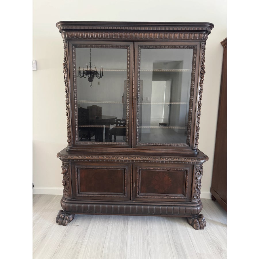 Victorian Carved Walnut Clawfoot Curio China Cabinet Bookcase