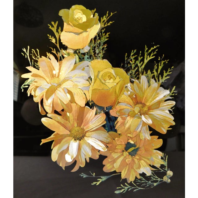 Metal Pair Vintage 1980s Black & Gold Foil Glass Floral & Bird Framed Wall Pictures For Sale - Image 7 of 10