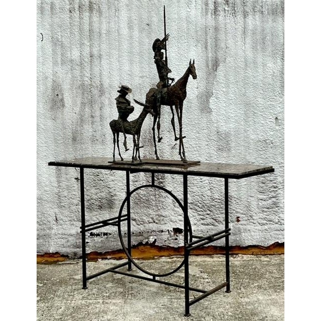 Mid 20th Century Vintage Boho Wrought Iron Circle Console With Empress Stone Top For Sale - Image 5 of 8