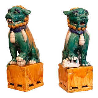 Large Chinese Porcelain Sancai Glazed Foo Dogs - a Pair For Sale