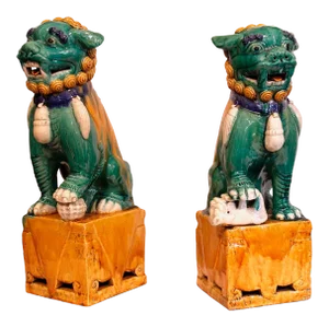 Large Chinese Porcelain Sancai Glazed Foo Dogs - a Pair