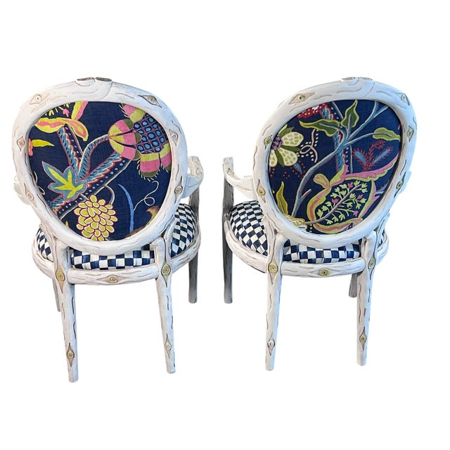 Custom Upholstered with Fresh Designer Fabrics and Trim. The Solid Twig Carved frame is highlighted with a white...