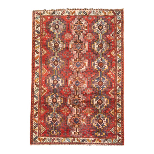 Vintage Hand-Knotted Persian Qashqai Rug 5'9" X 8'5" For Sale