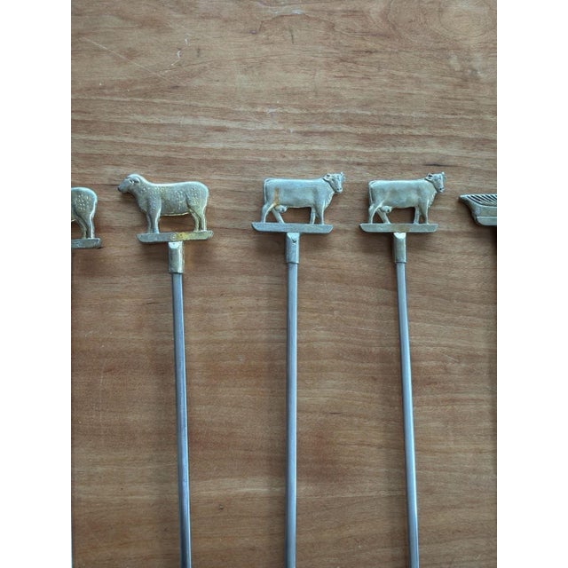 Vintage Mid-Century Brass Farm Animal Finial BBQ Shish Kebab Skewers Set of 8 For Sale - Image 4 of 7