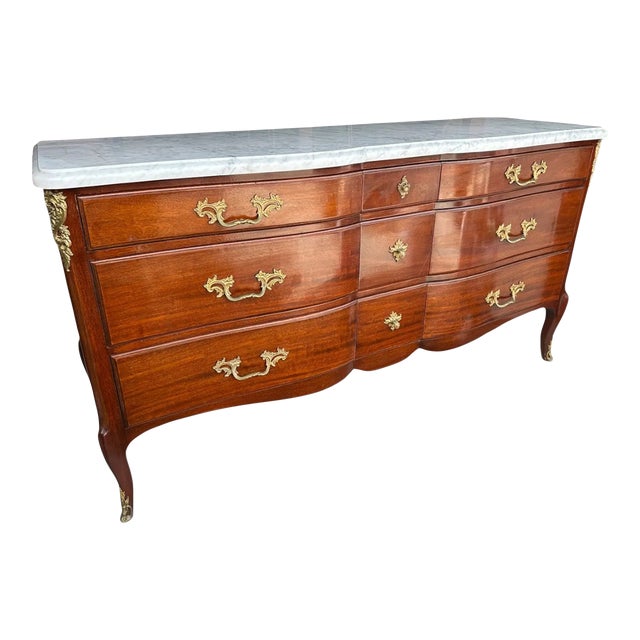 Vintage French Louis XV-Style Marble-Top Triple Commode Dresser With Ormolu Mounts For Sale