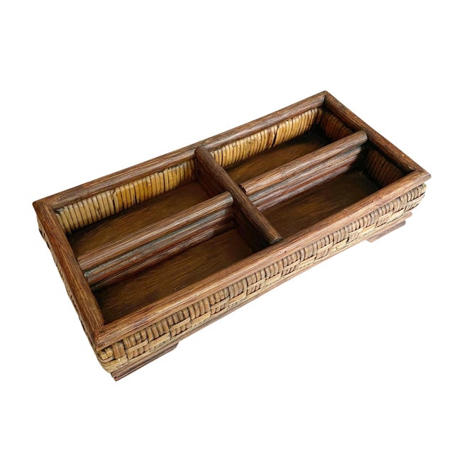 Vintage Divided Organizer Wicker Caddy Basket Utensils Napkins Buffet Picnic | Bohemian MCM For Sale In New York - Image 6 of 7