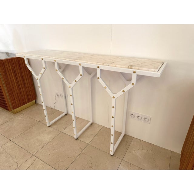 2020s Contemporary Console Table Y White Lacquered Metal Brass and Marble. Italy For Sale - Image 5 of 12