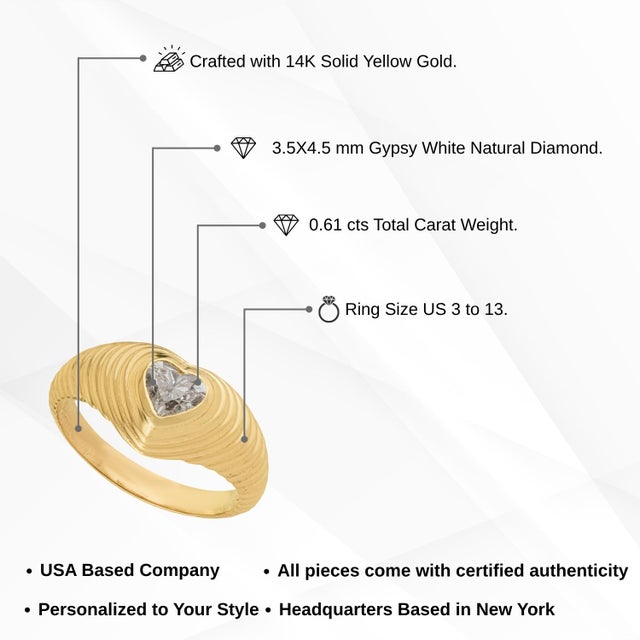 Gypsy Set 0.61ct Heart Cut Diamond Pinky Ring Size 8 in 14k Solid Yellow Gold For Sale - Image 14 of 18