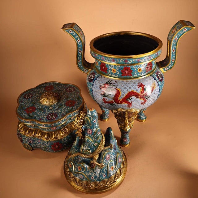 Asian Pair of Large Cloisonné Enamel Gilt Bronze Dragon Boshan Censers For Sale - Image 3 of 9