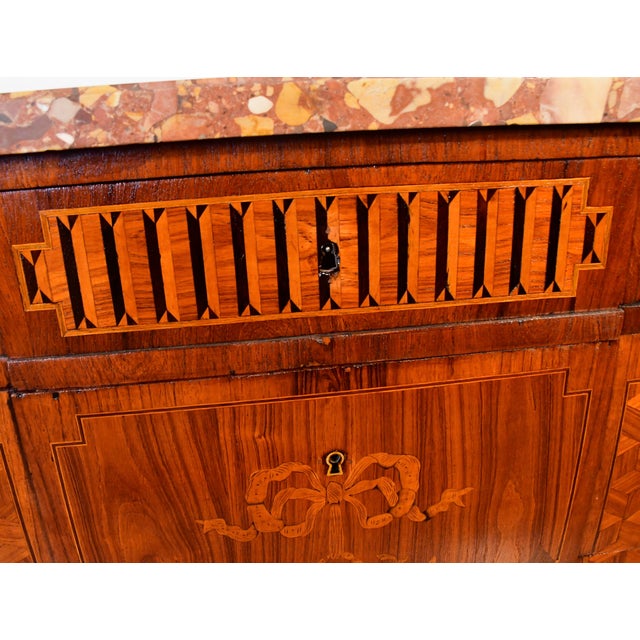 Brown 1890 Antique French Louis XV Marquetry Inlay Marble Top Dresser Chest of Drawers For Sale - Image 8 of 18