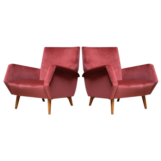 Set of Vintage Chairs in Coral Red Velvet and Beech by Gio Ponti for Asko, 1950s For Sale