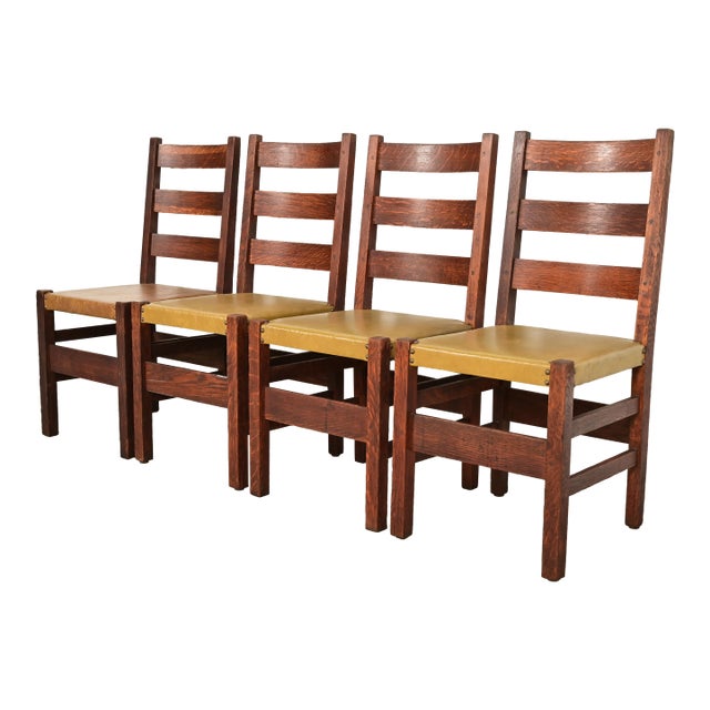 Gustav Stickley Antique Mission Oak Arts & Crafts Ladder Back Dining Chairs, Set of Four For Sale