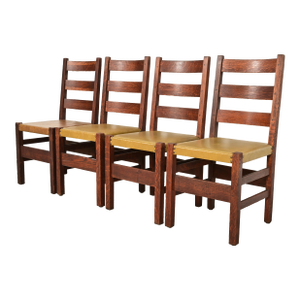 Gustav Stickley Antique Mission Oak Arts & Crafts Ladder Back Dining Chairs, Set of Four