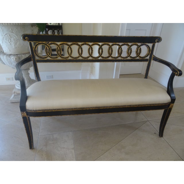 Late 20th Century Vintage Regency Style Ebonzied and Parcel Gilt Settee For Sale - Image 5 of 11