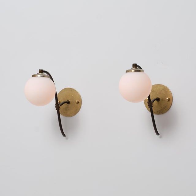 Vintage Italian Brass and Opaline Globe Sconces, 1950s, Set of 2 For Sale - Image 4 of 12