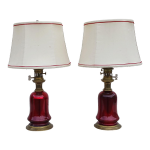 Antique French Second Empire Ruby Glass Converted Table Oil Lamps - a Pair