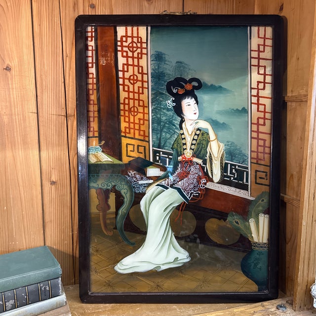 Japanese Early 20th Century Reverse Glass Japanese Lady Scholar Painting Antique, Framed For Sale - Image 3 of 8