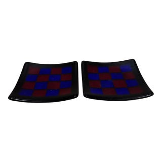 Set of Two Glass Checkered Trinket Dishes Fused For Sale