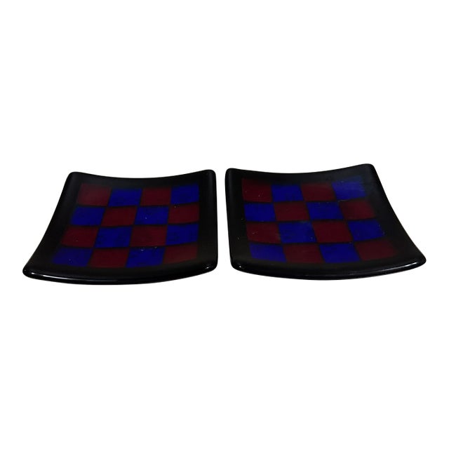 Set of Two Glass Checkered Trinket Dishes Fused For Sale