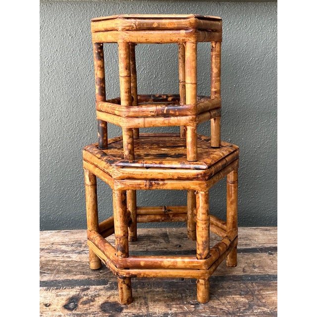 Late 20th Century Vintage Hexagonal Bamboo Orchid Pedestals - Set of 2 For Sale - Image 5 of 12