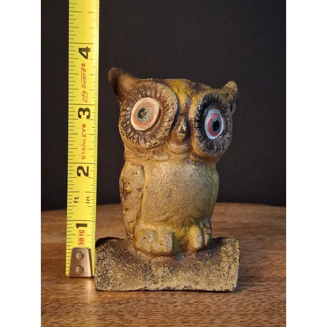 Vintage mid-century cast iron "Owl on Stump" (or "Owl on Log") figural still bank. Formed in two pieces with a vertical...