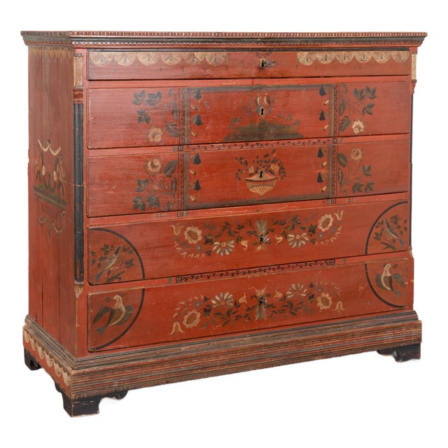 19th Century Original Red-Painted Danish Pine Chest of Five Drawers For Sale