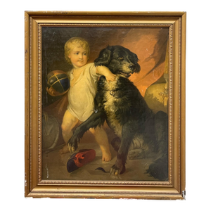 Vintage Print on Board of a Dog and a Boy