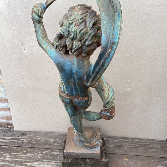 Antique Large Iron Garden Statue " Dancing Nymph With Scarf" on Plinth For Sale - Image 10 of 12