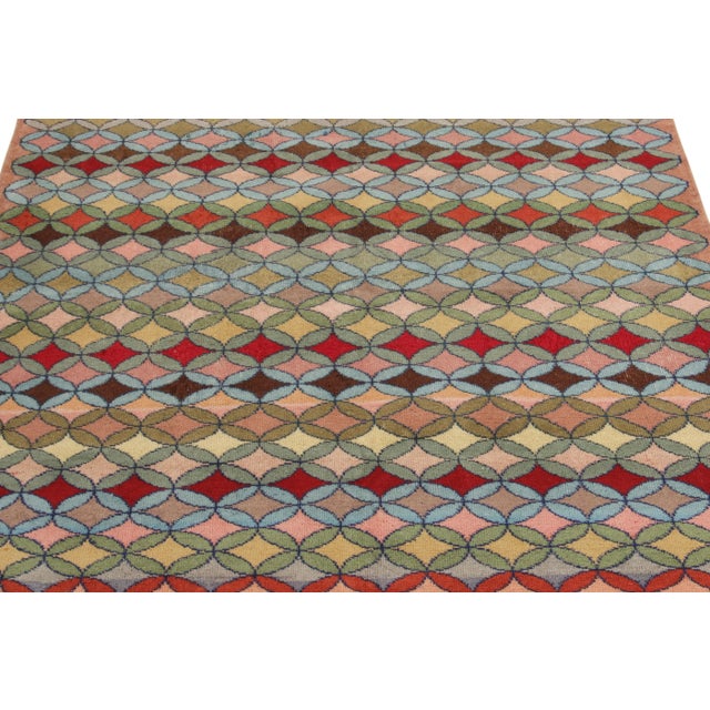 Rug & Kilim 1960s Vintage Distressed Deco Rug in Green, Blue, Multicolor Geometric Pattern For Sale - Image 4 of 5