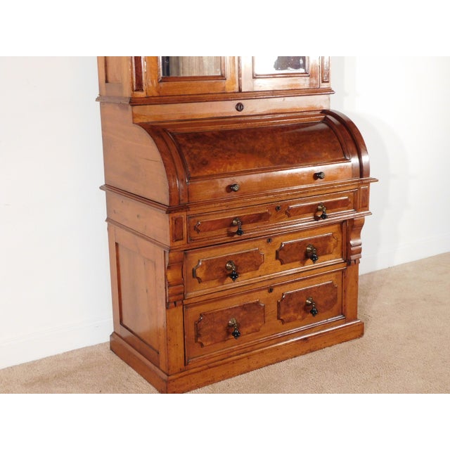 Wood Antique 1880s Victorian Eastlake Burled Walnut Cylinder Secretary Bookcase Desk For Sale - Image 7 of 16