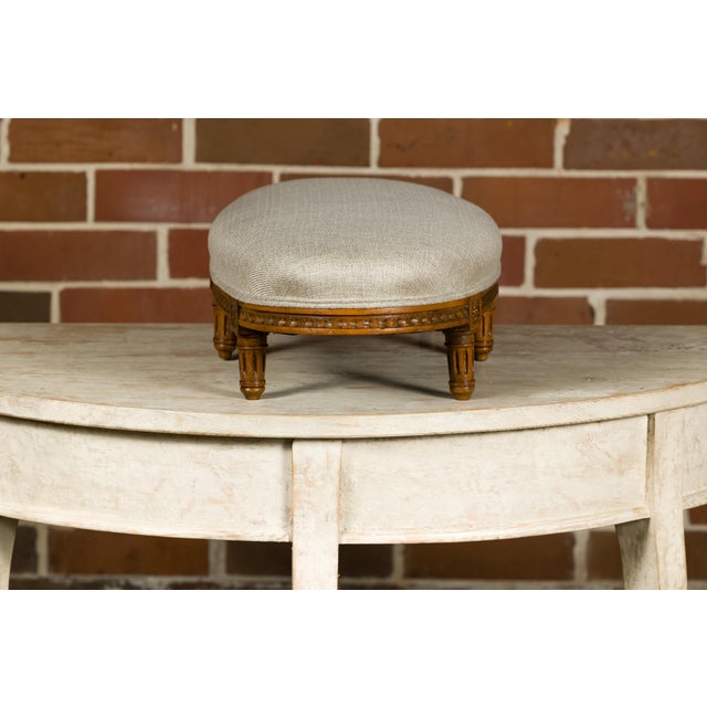 Brown French Louis XVI Style Walnut Footstool with Linen Upholstery, 19th Century For Sale - Image 8 of 12