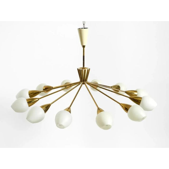 Beautiful, rare, large, 12-armed mid-century brass chandelier with opal glass shades. a very high-quality lamp with many...
