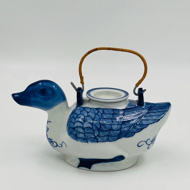 Farmhouse Vintage Blue and White Chinoiserie Ceramic Duck Teapot With Rattan Wrapped Handle For Sale - Image 3 of 10