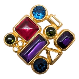 Vintage 1990s Signed Trifari Geometric Goldtone Jewel Tone Rhinestone Brooch For Sale