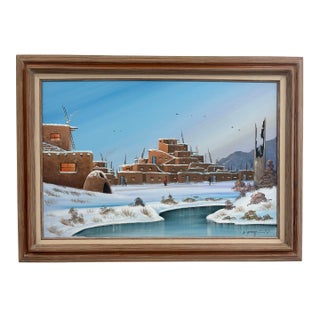 “Winter at the Pueblo” by Johnny Yazzie (1987) – Original Oil Painting For Sale
