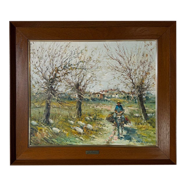 1960s Vintage B. Andreu Country Road Impressionist Landscape Oil on Canvas Painting, Framed For Sale
