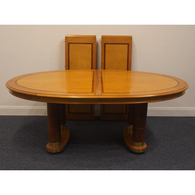 Late 20th Century Stanley Furniture Banded Burled Wood Blonde Contemporary Modern 110" Oval Double Pedestal Dining Table 454-11-136/236 For Sale - Image 5 of 11