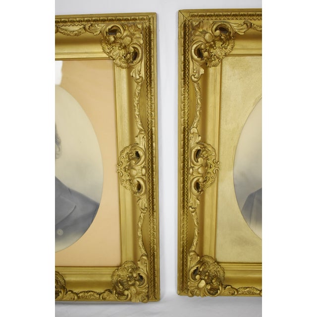 Antique Gilt Gesso Frames with Charcoal Portrait Drawings, Framed a