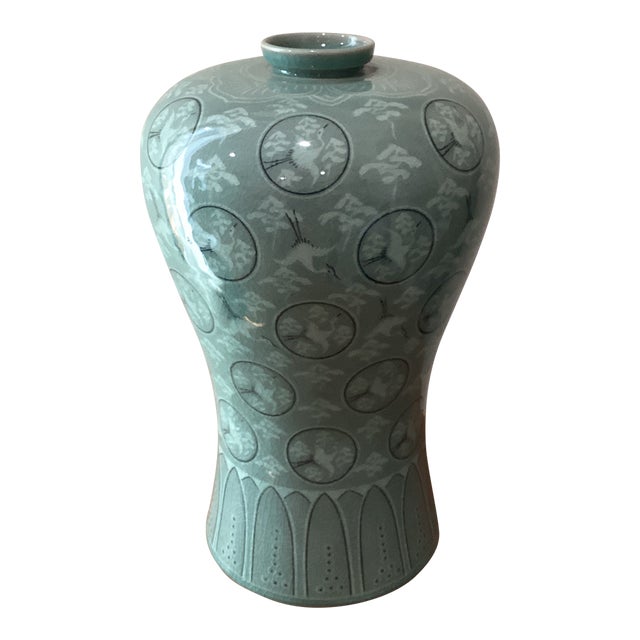 Mid 20th Century Korean Meiping Porcelain Celadon Crackle Glazed Flying Granes & Clouds Pattern Inlay Design Prunus Vase For Sale