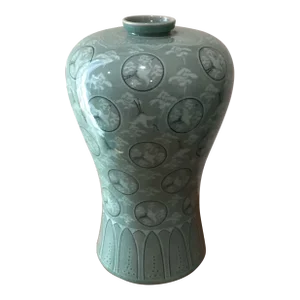 Mid 20th Century Korean Meiping Porcelain Celadon Crackle Glazed Flying Granes & Clouds Pattern Inlay Design Prunus Vase