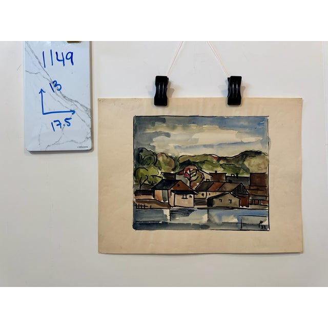 Henry Emil Salloch Original Watercolor on Paper Expressionist Waterfront Village, 1932. For Sale In Atlanta - Image 6 of 6