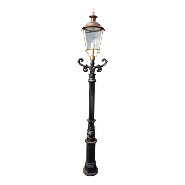 Cast Iron Lamp Post with Round Copper Lantern For Sale