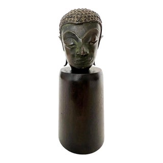 19th Century Thai Patinated Bronze Buddha Head on Plinth - Trace Gilding For Sale