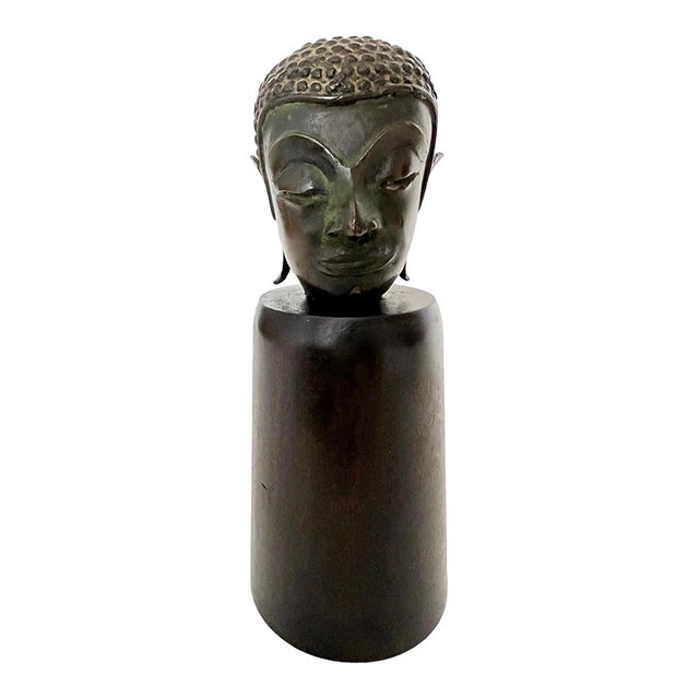 19th Century Thai Patinated Bronze Buddha Head on Plinth - Trace Gilding For Sale